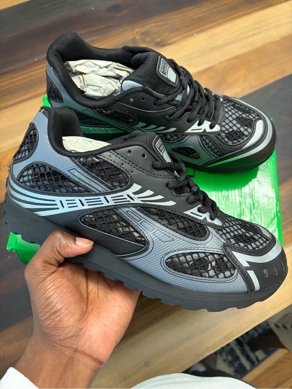 Bottega Veneta Black and Gray Mesh Runner Sneakers